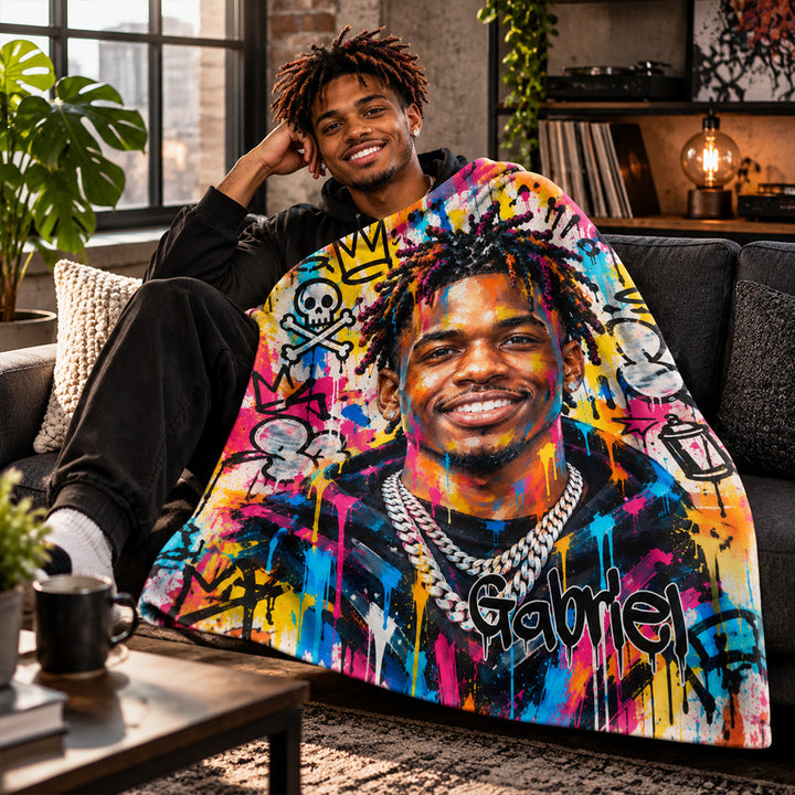 Personalized Street Graffiti Ink Splatter Photo Throw Blanket Custom Portrait with Name Soft Cozy Birthday Christmas Gift for Family and Friends