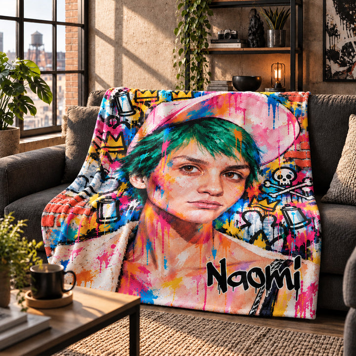Personalized Street Graffiti Ink Splatter Photo Throw Blanket Custom Portrait with Name Soft Cozy Birthday Christmas Gift for Family and Friends