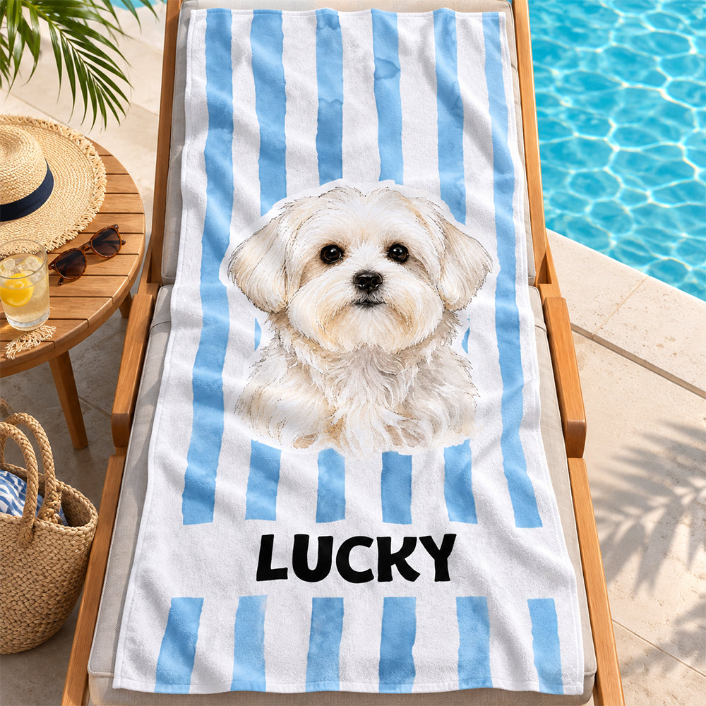 Personalized Striped Pet Beach Towel with Watercolor Pet Portrait Photo and Name Customization Soft Quick-Dry Microfiber Towel Gift for Dog Cat Lovers Birthday Vacation