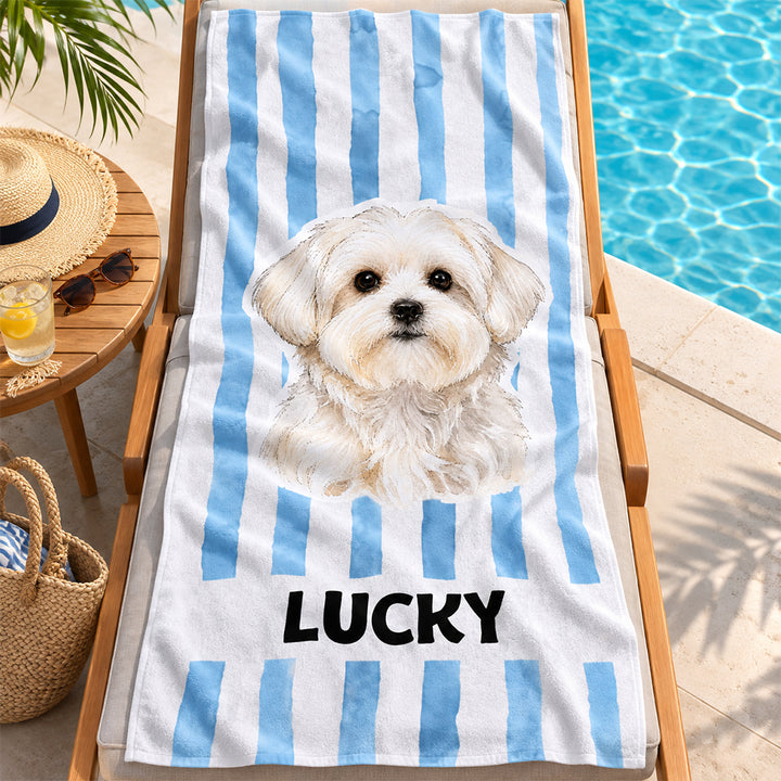 Personalized Striped Pet Beach Towel with Watercolor Pet Portrait Photo and Name Customization Soft Quick-Dry Microfiber Towel Gift for Dog Cat Lovers Birthday Vacation