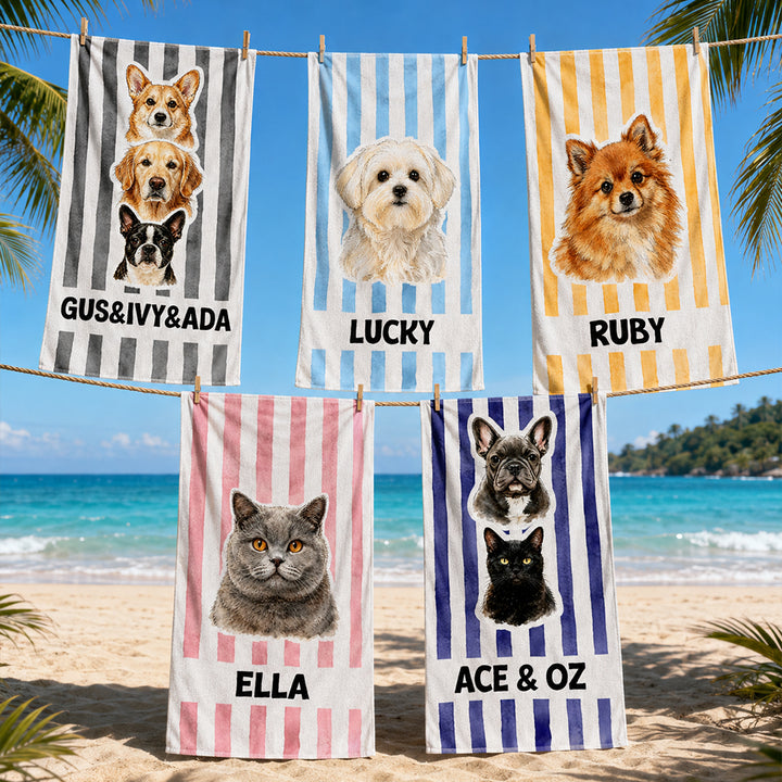 Personalized Striped Pet Beach Towel with Watercolor Pet Portrait Photo and Name Customization Soft Quick-Dry Microfiber Towel Gift for Dog Cat Lovers Birthday Vacation