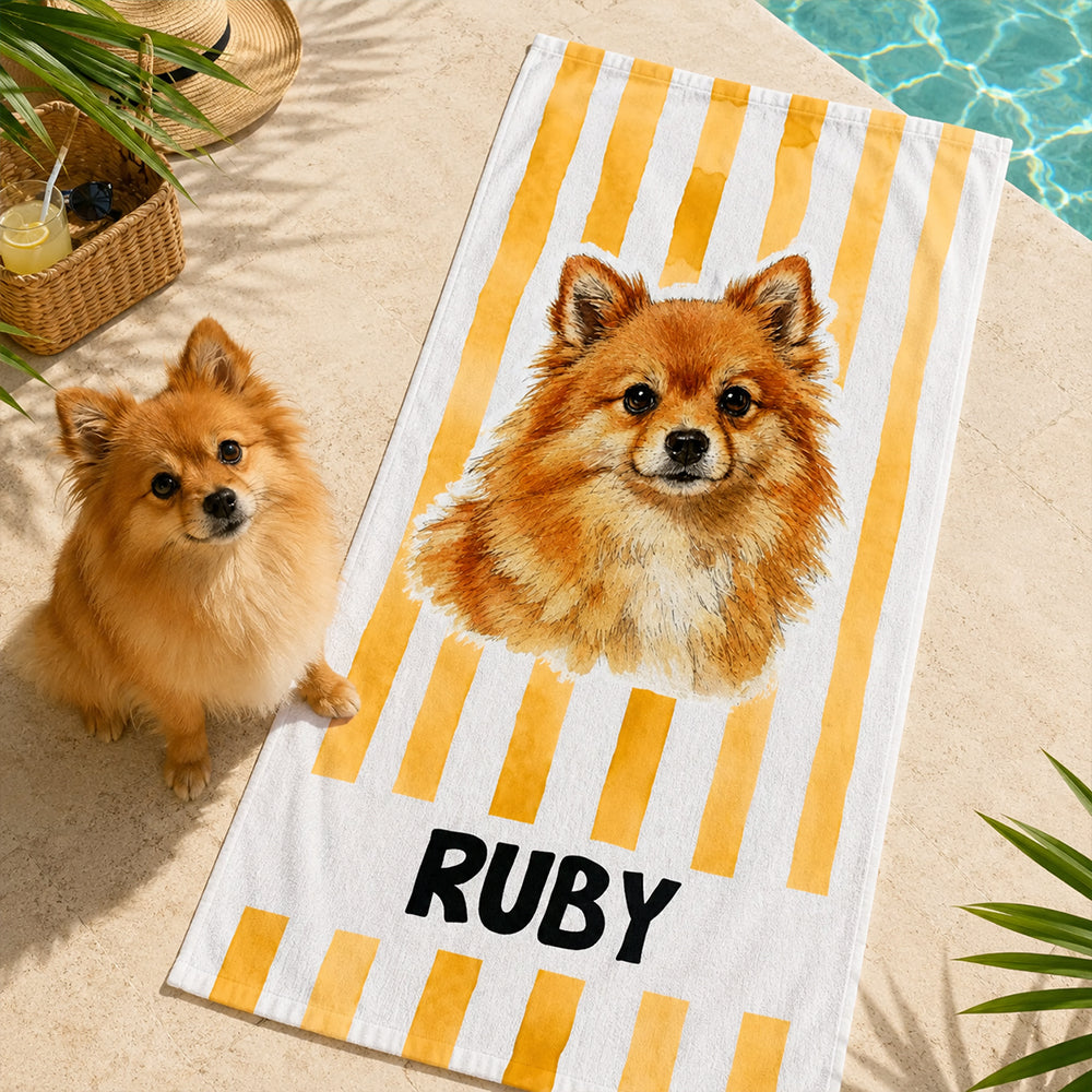 Personalized Striped Pet Beach Towel with Watercolor Pet Portrait Photo and Name Customization Soft Quick-Dry Microfiber Towel Gift for Dog Cat Lovers Birthday Vacation