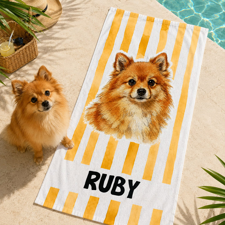 Personalized Striped Pet Beach Towel with Watercolor Pet Portrait Photo and Name Customization Soft Quick-Dry Microfiber Towel Gift for Dog Cat Lovers Birthday Vacation