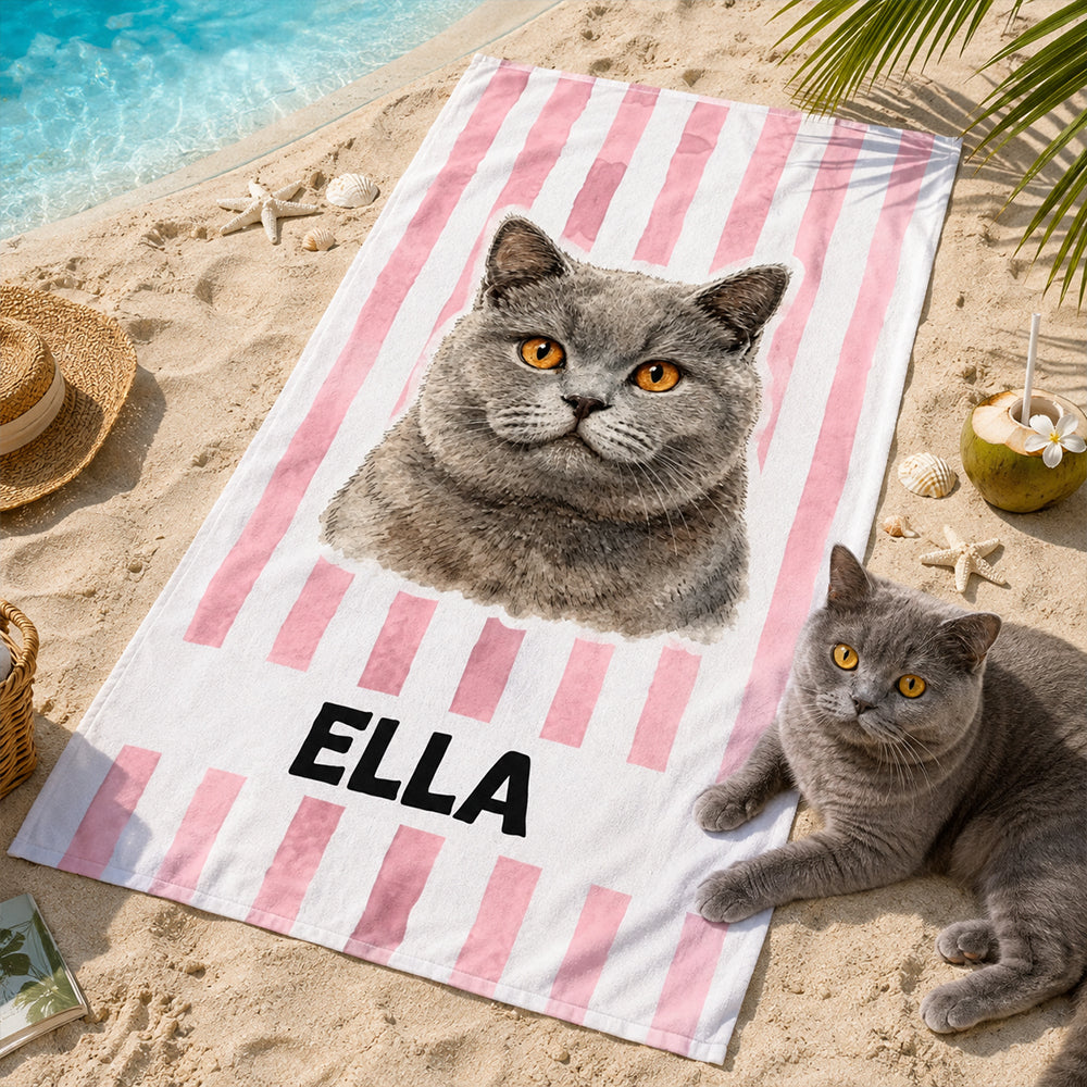 Personalized Striped Pet Beach Towel with Watercolor Pet Portrait Photo and Name Customization Soft Quick-Dry Microfiber Towel Gift for Dog Cat Lovers Birthday Vacation