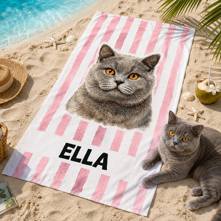 Personalized Striped Pet Beach Towel with Watercolor Pet Portrait Photo and Name Customization Soft Quick-Dry Microfiber Towel Gift for Dog Cat Lovers Birthday Vacation