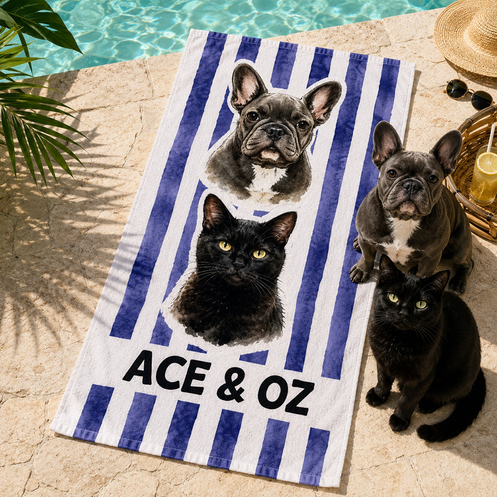 Personalized Striped Pet Beach Towel with Watercolor Pet Portrait Photo and Name Customization Soft Quick-Dry Microfiber Towel Gift for Dog Cat Lovers Birthday Vacation