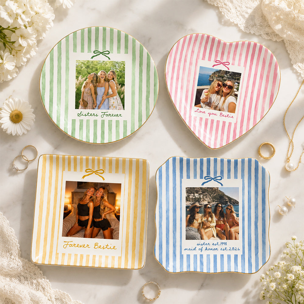 Personalized Striped Photo Jewelry Dish Ceramic Trinket Tray Ring Dish Birthday Gifts For Bestie Friend