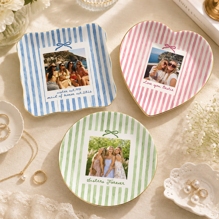 Personalized Striped Photo Jewelry Dish Ceramic Trinket Tray Ring Dish Birthday Gifts For Bestie Friend