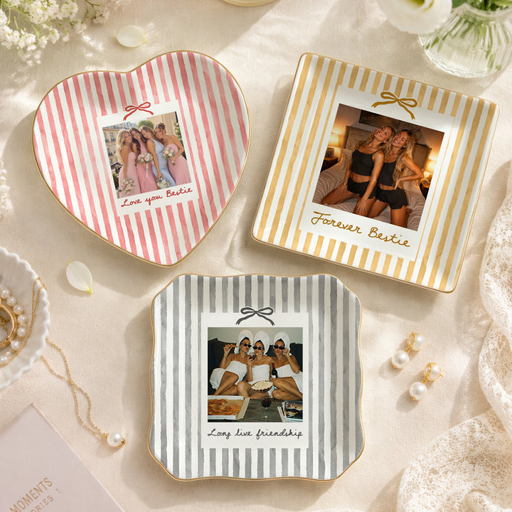 Personalized Striped Photo Jewelry Dish Ceramic Trinket Tray Ring Dish Birthday Gifts For Bestie Friend