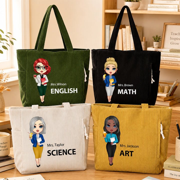Personalized Teacher Portrait Corduroy Tote Bag Custom Teacher Appreciation Gift with Subject Name Back to School Birthday Gift for Teacher