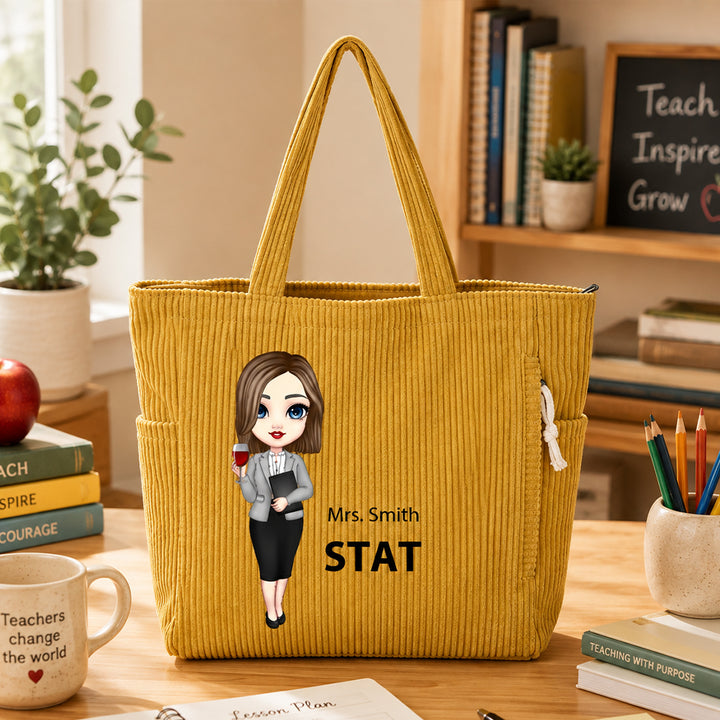 Personalized Teacher Portrait Corduroy Tote Bag Custom Teacher Appreciation Gift with Subject Name Back to School Birthday Gift for Teacher