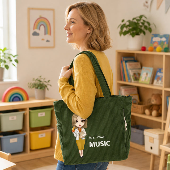 Personalized Teacher Portrait Corduroy Tote Bag Custom Teacher Appreciation Gift with Subject Name Back to School Birthday Gift for Teacher