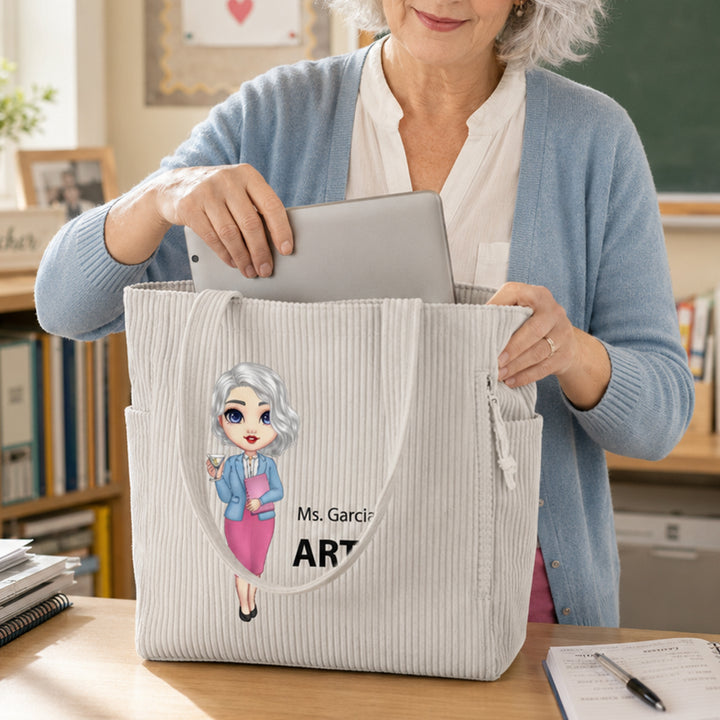 Personalized Teacher Portrait Corduroy Tote Bag Custom Teacher Appreciation Gift with Subject Name Back to School Birthday Gift for Teacher