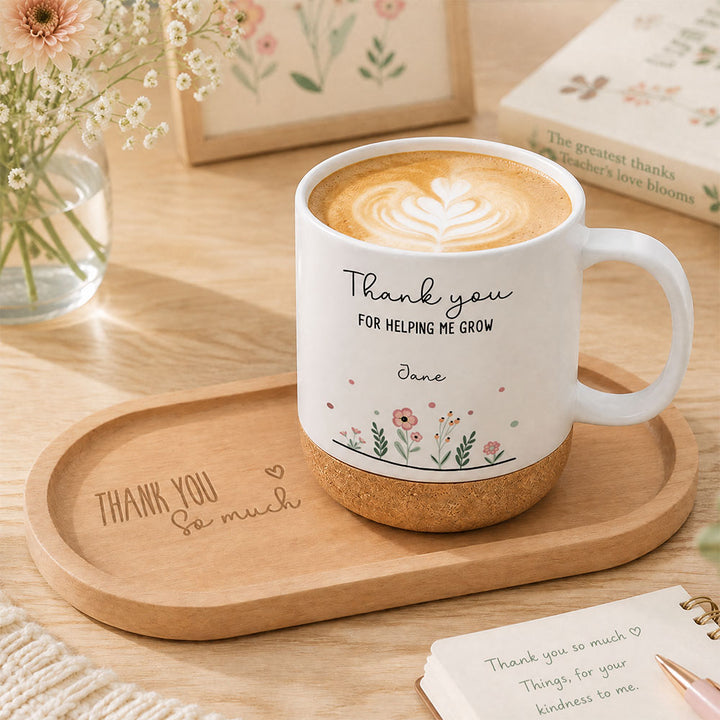 Personalized Theme Cork Base Mug Custom Name Teacher Appreciation Thank You Gift with Beech Wood Tray Set