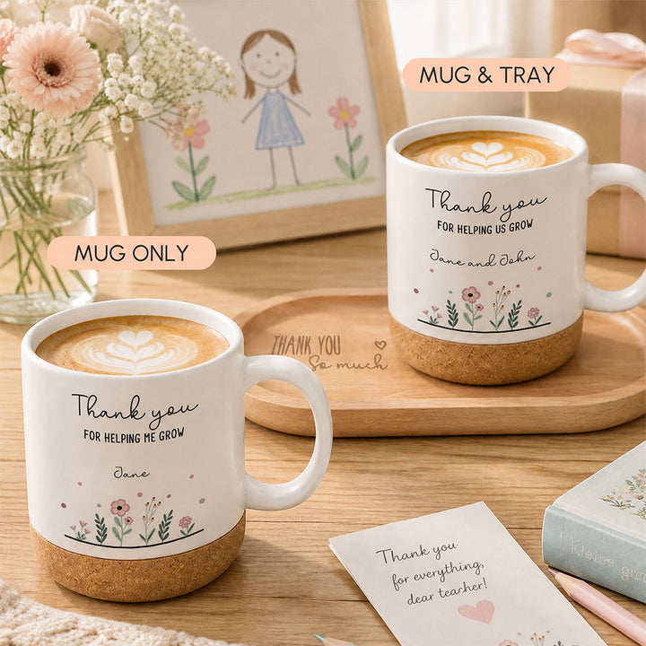 Personalized Theme Cork Base Mug Custom Name Teacher Appreciation Thank You Gift with Beech Wood Tray Set