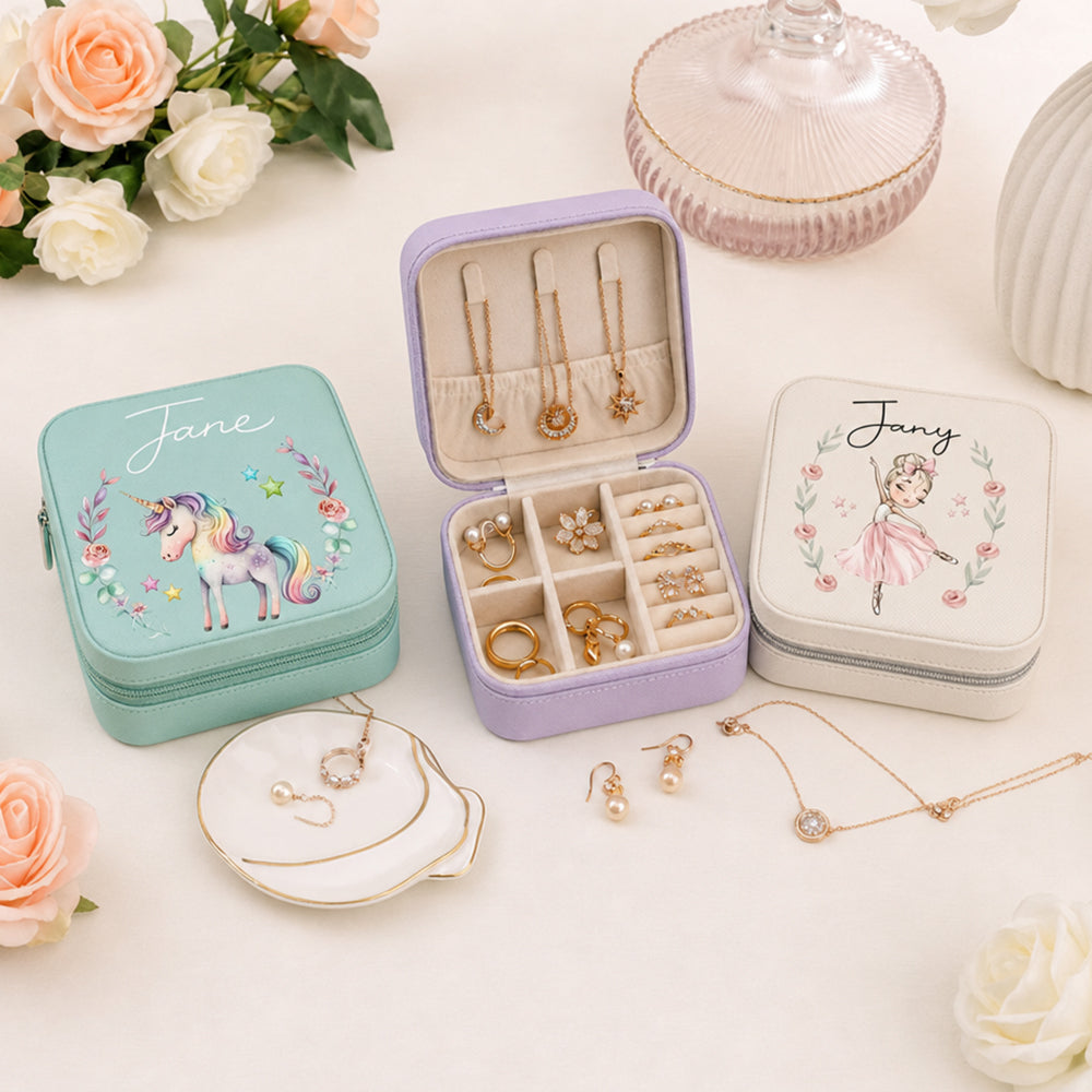 Personalized Unicorn Jewelry Box Custom Name Leather Travel Friendly Keepsake Organizer Gift for Girl