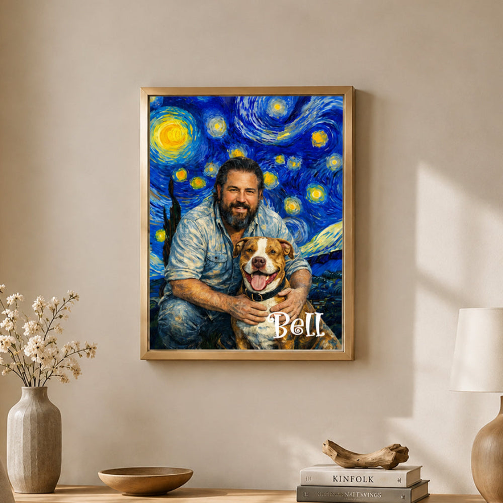 Personalized Van Gogh Style Pet Portrait Canvas Print Custom Starry Night Oil Painting Effect Pet Memorial Gift for Dog &amp; Cat Lovers