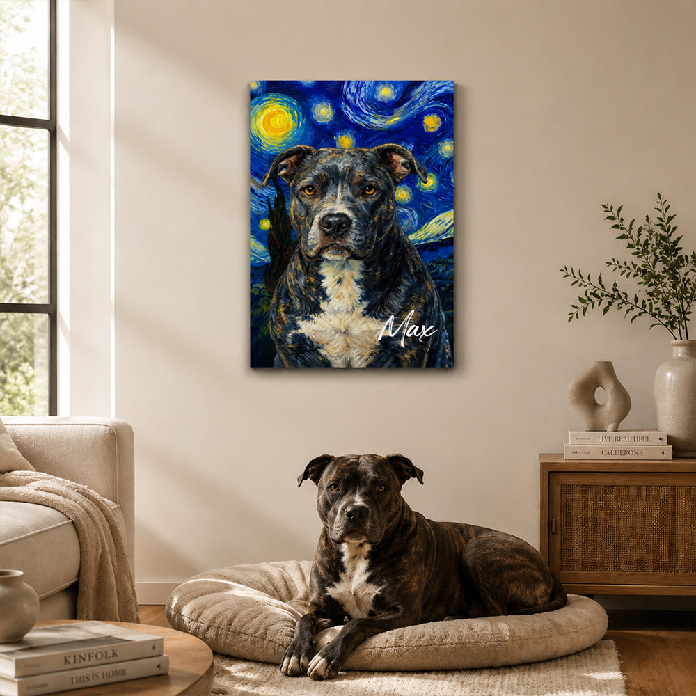 Personalized Van Gogh Style Pet Portrait Canvas Print Custom Starry Night Oil Painting Effect Pet Memorial Gift for Dog &amp; Cat Lovers