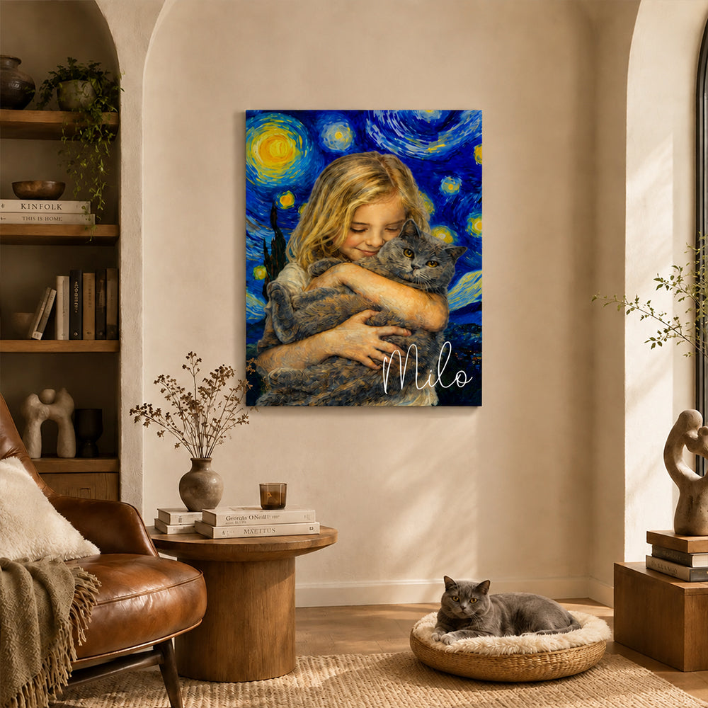 Personalized Van Gogh Style Pet Portrait Canvas Print Custom Starry Night Oil Painting Effect Pet Memorial Gift for Dog &amp; Cat Lovers