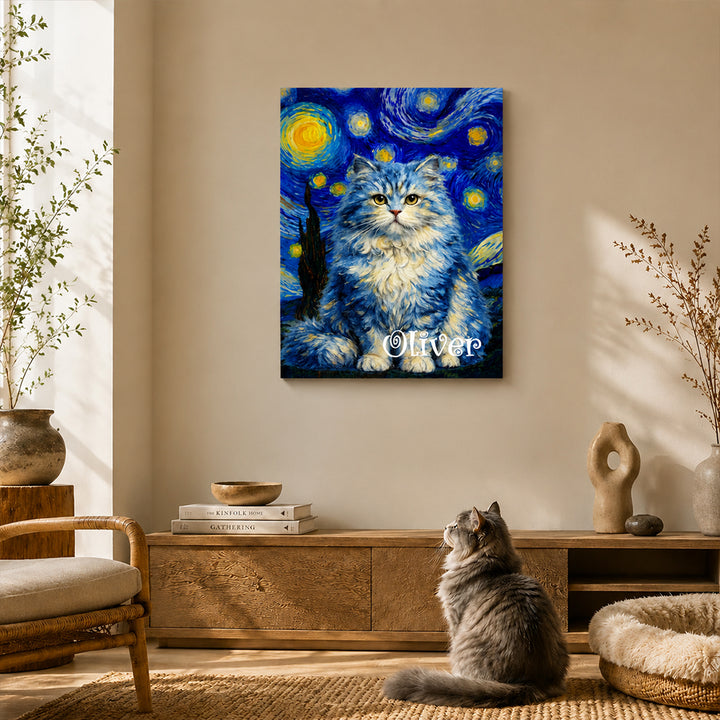 Personalized Van Gogh Style Pet Portrait Canvas Print Custom Starry Night Oil Painting Effect Pet Memorial Gift for Dog &amp; Cat Lovers