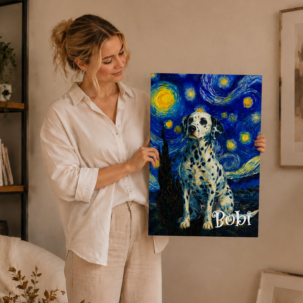 Personalized Van Gogh Style Pet Portrait Canvas Print Custom Starry Night Oil Painting Effect Pet Memorial Gift for Dog &amp; Cat Lovers