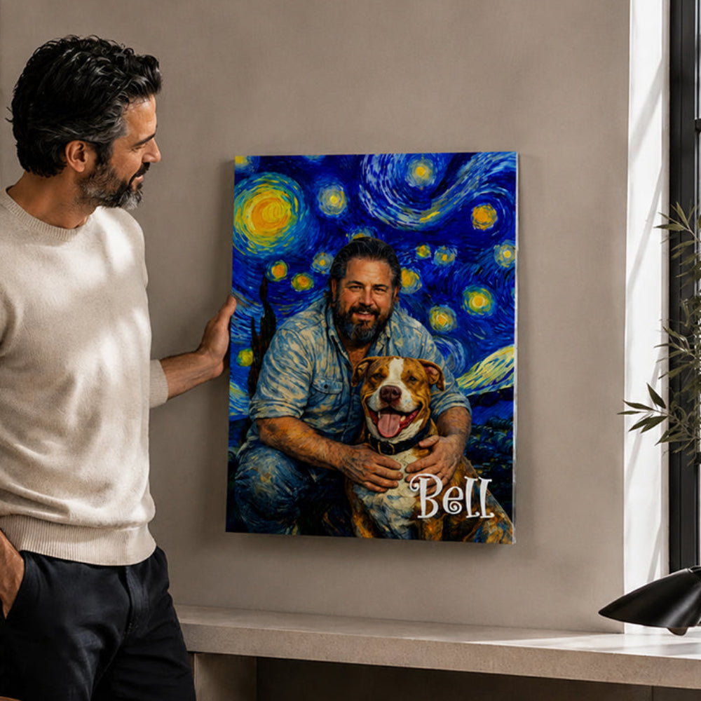 Personalized Van Gogh Style Pet Portrait Canvas Print Custom Starry Night Oil Painting Effect Pet Memorial Gift for Dog &amp; Cat Lovers
