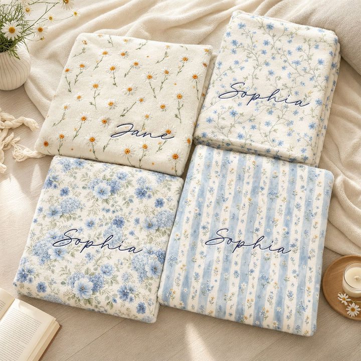 Personalized Watercolor Floral Blanket Custom Name Flannel Fleece Throw Birthday Gifts for Her