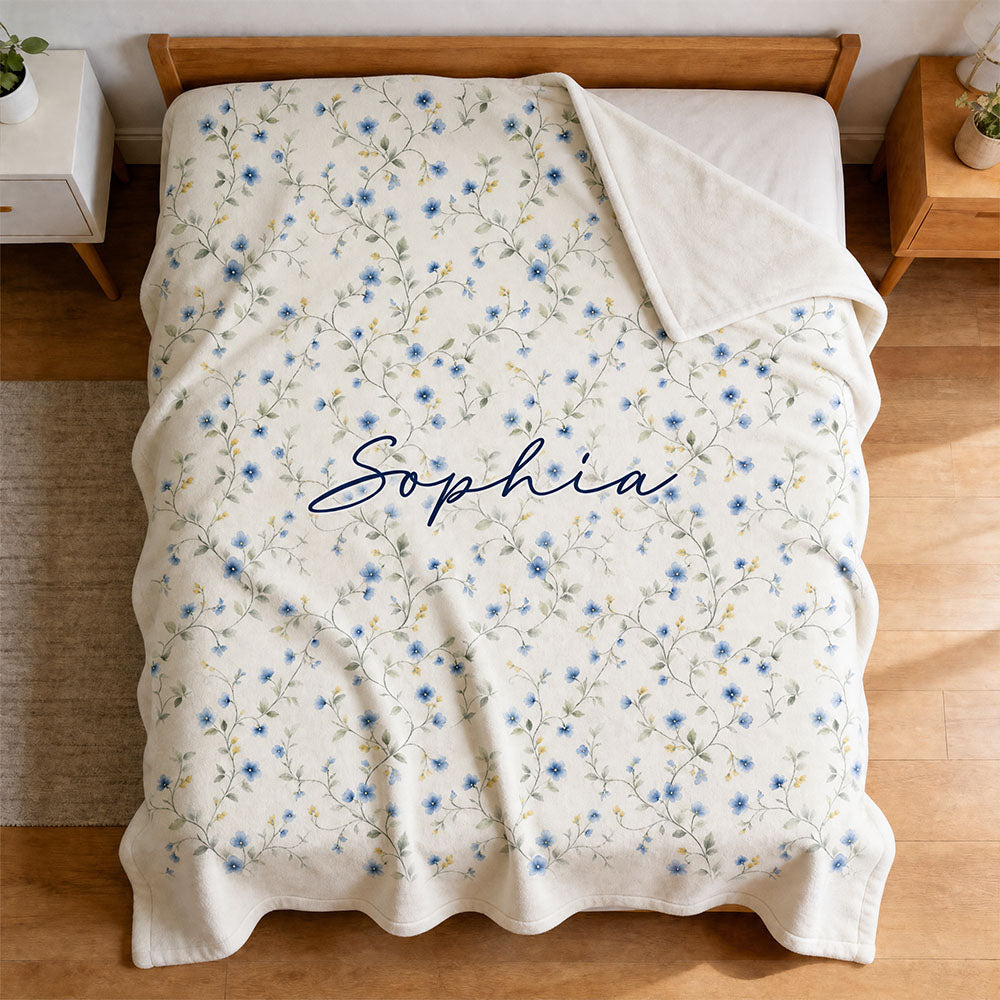 Personalized Watercolor Floral Blanket Custom Name Flannel Fleece Throw Birthday Gifts for Her