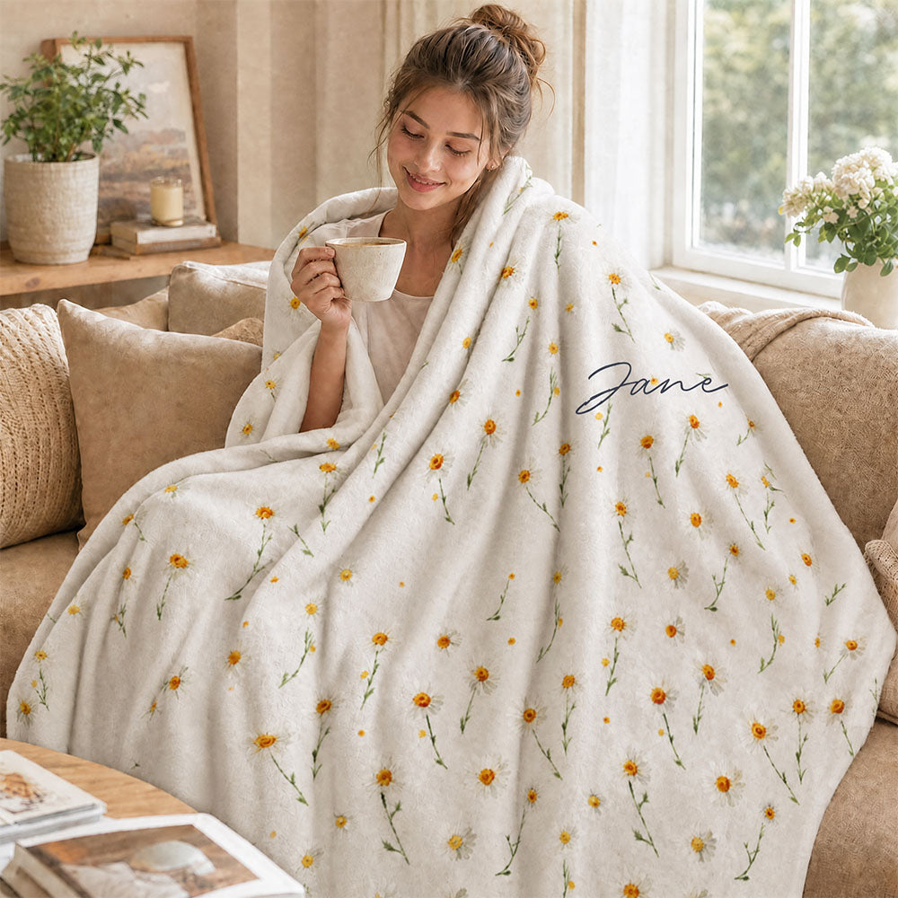 Personalized Watercolor Floral Blanket Custom Name Flannel Fleece Throw Birthday Gifts for Her
