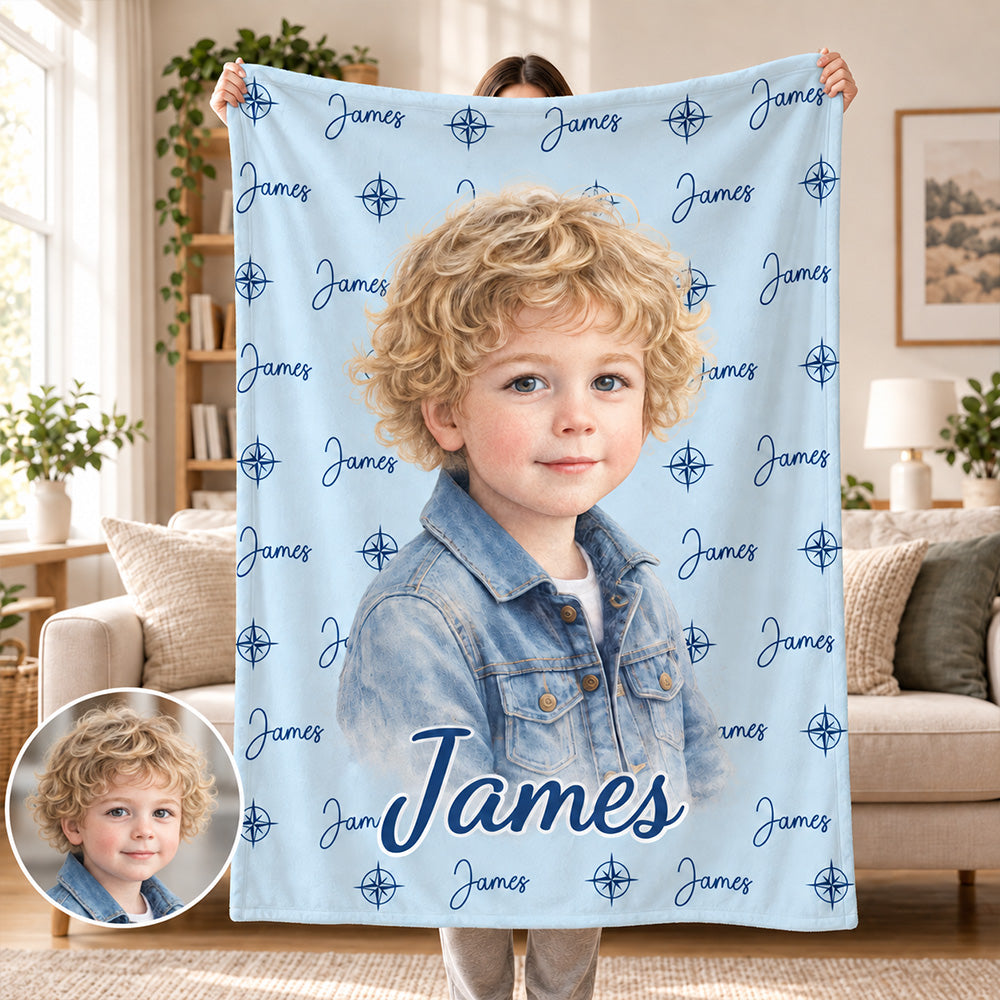 Personalized Watercolor Photo Throw Blanket with Name Soft Cozy Blanket Birthday Gift for Kids
