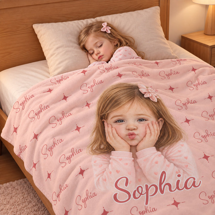 Personalized Watercolor Photo Throw Blanket with Name Soft Cozy Blanket Birthday Gift for Kids