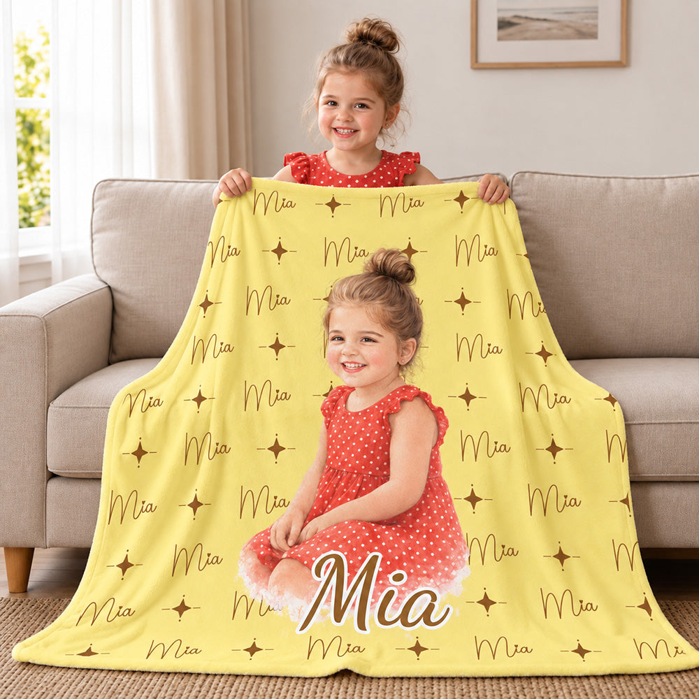 Personalized Watercolor Photo Throw Blanket with Name Soft Cozy Blanket Birthday Gift for Kids