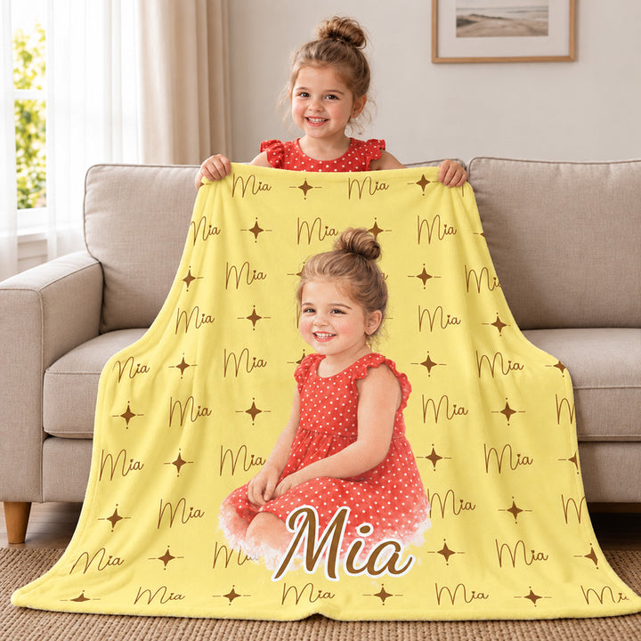 Personalized Watercolor Photo Throw Blanket with Name Soft Cozy Blanket Birthday Gift for Kids