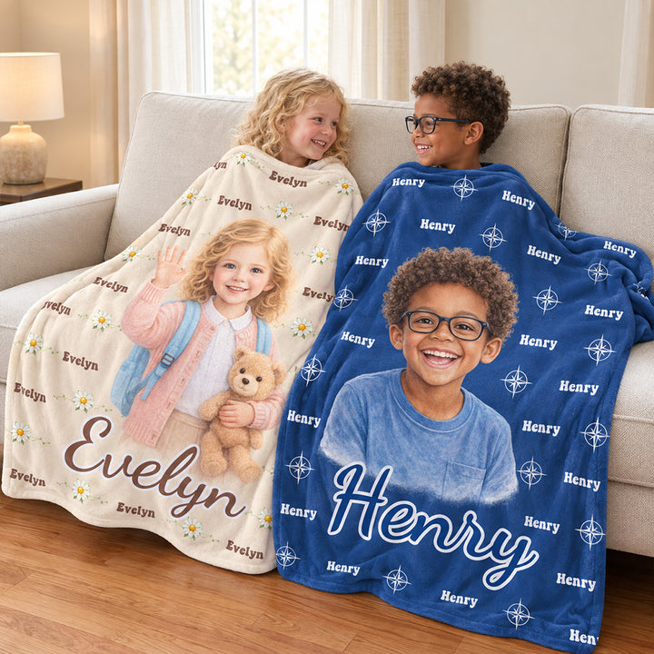 Personalized Watercolor Photo Throw Blanket with Name Soft Cozy Blanket Birthday Gift for Kids