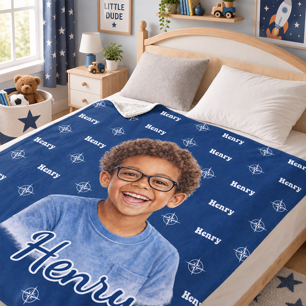 Personalized Watercolor Photo Throw Blanket with Name Soft Cozy Blanket Birthday Gift for Kids