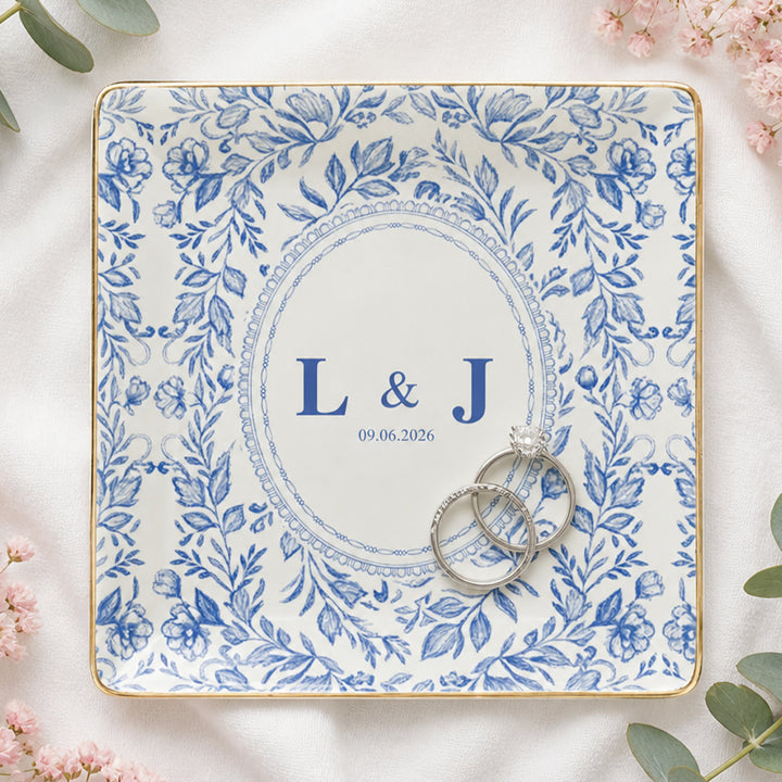 Personalized Wedding Jewelry Dish Custom Floral Ceramic Trinket Tray Wedding Gift Ring Holder