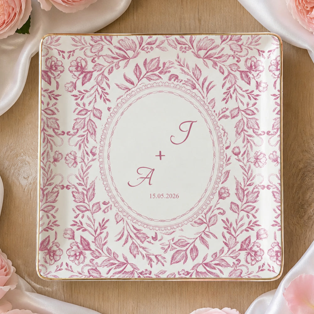 Personalized Wedding Jewelry Dish Custom Floral Ceramic Trinket Tray Wedding Gift Ring Holder