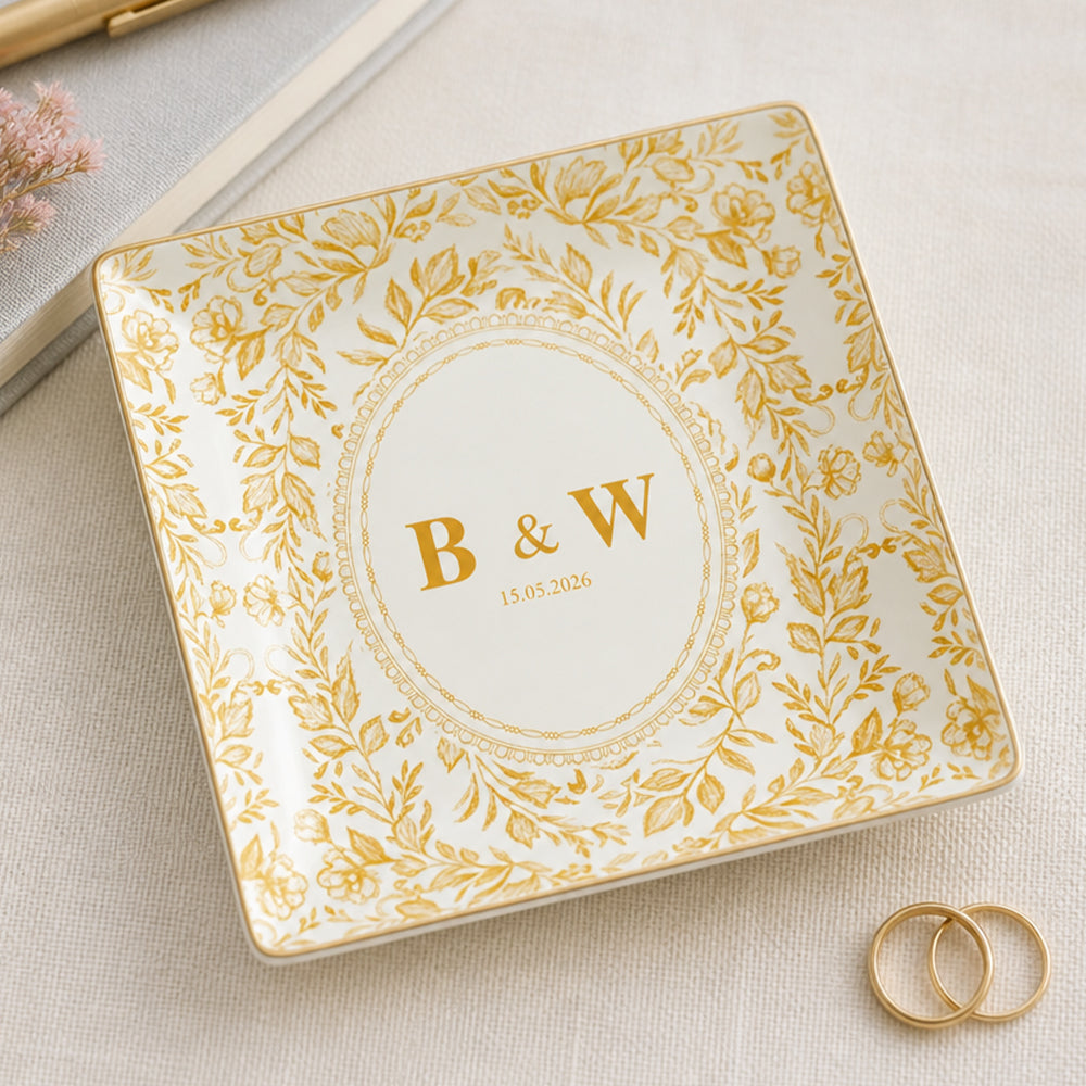 Personalized Wedding Jewelry Dish Custom Floral Ceramic Trinket Tray Wedding Gift Ring Holder