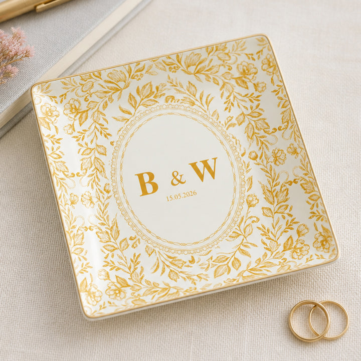 Personalized Wedding Jewelry Dish Custom Floral Ceramic Trinket Tray Wedding Gift Ring Holder