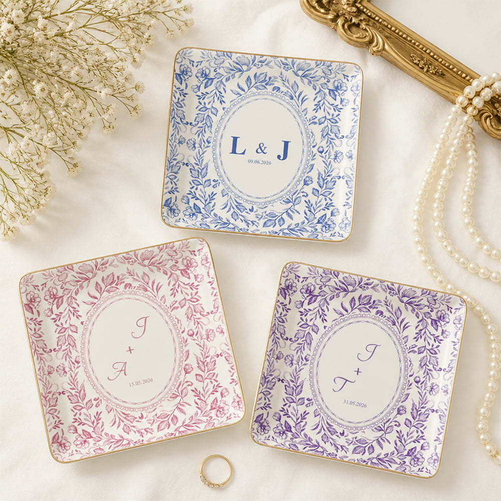 Personalized Wedding Jewelry Dish Custom Floral Ceramic Trinket Tray Wedding Gift Ring Holder