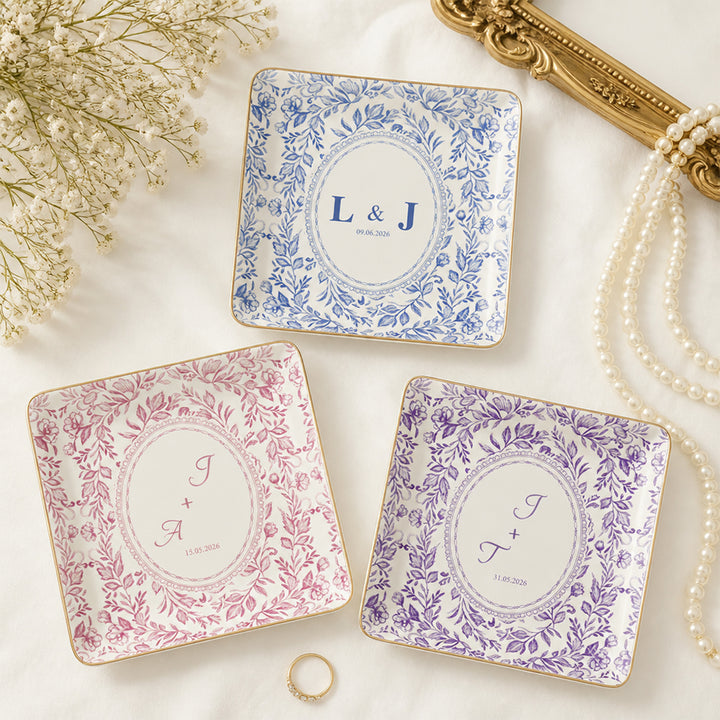 Personalized Wedding Jewelry Dish Custom Floral Ceramic Trinket Tray Wedding Gift Ring Holder