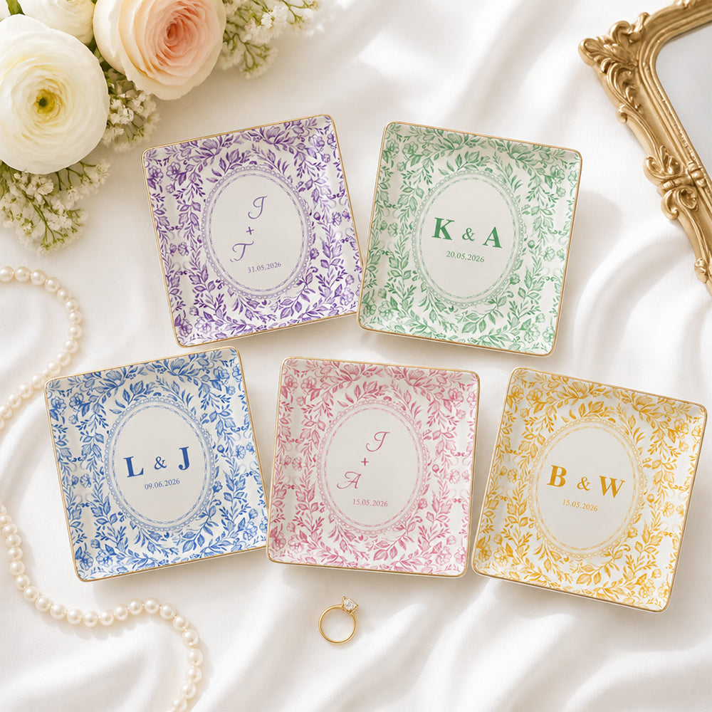 Personalized Wedding Jewelry Dish Custom Floral Ceramic Trinket Tray Wedding Gift Ring Holder