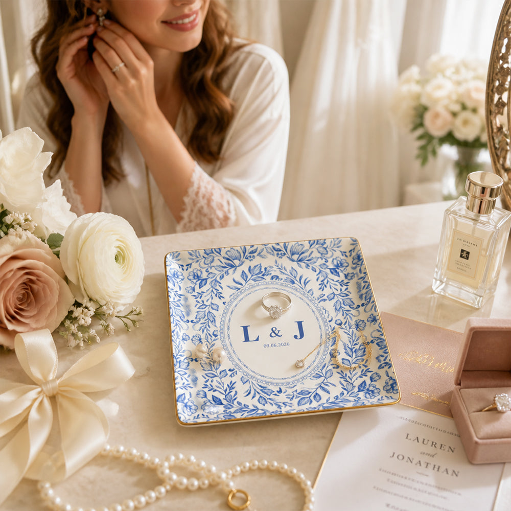 Personalized Wedding Jewelry Dish Custom Floral Ceramic Trinket Tray Wedding Gift Ring Holder