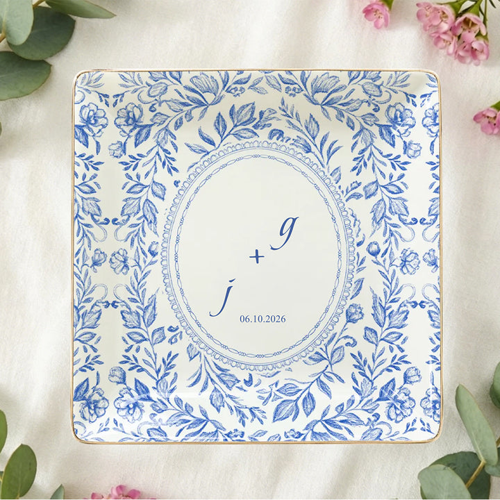Personalized Wedding Jewelry Dish Custom Floral Ceramic Trinket Tray Wedding Gift Ring Holder