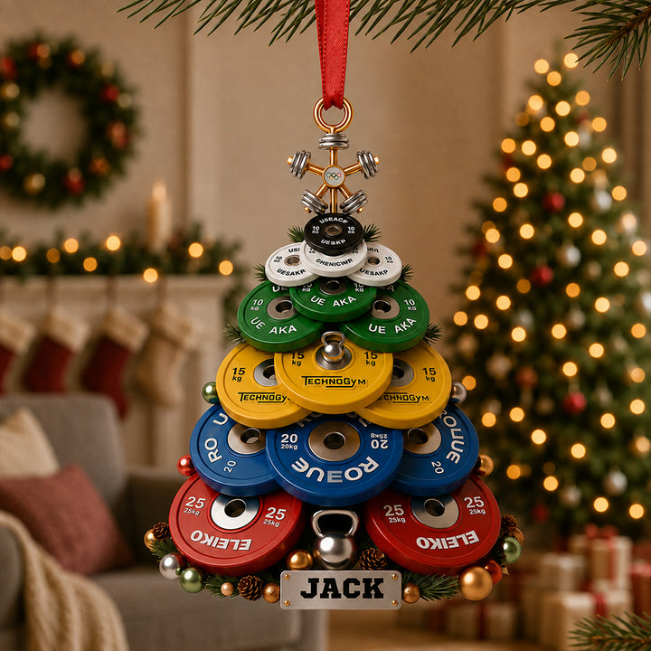 Personalized 3D Effect Printed Weight Plate Christmas Tree Ornament with Name Gym Decoration Holiday Gift for Weightlifters Fitness Lovers Athletes and Trainers