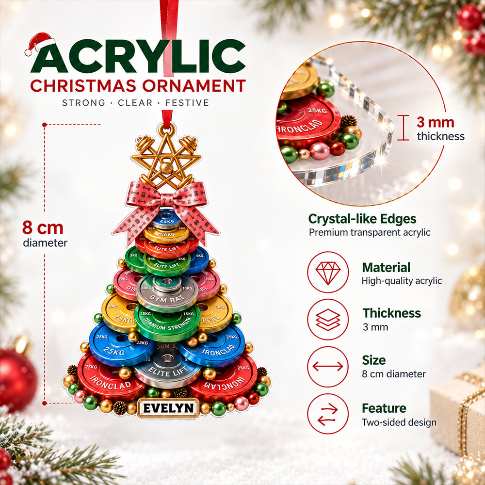 Personalized 3D Effect Printed Weight Plate Christmas Tree Ornament with Name Gym Decoration Holiday Gift for Weightlifters Fitness Lovers Athletes and Trainers