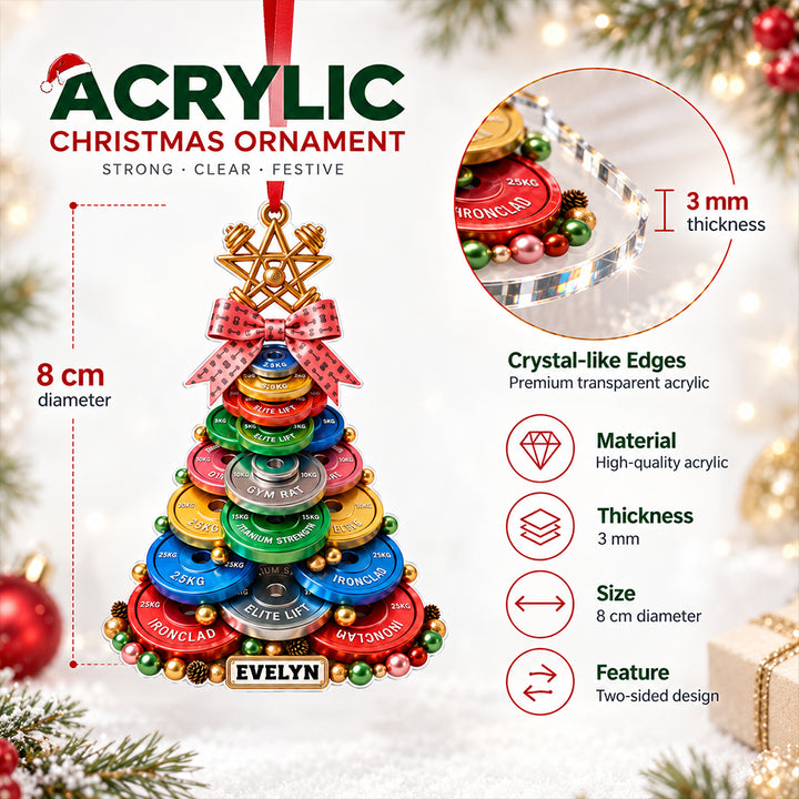 Personalized 3D Effect Printed Weight Plate Christmas Tree Ornament with Name Gym Decoration Holiday Gift for Weightlifters Fitness Lovers Athletes and Trainers