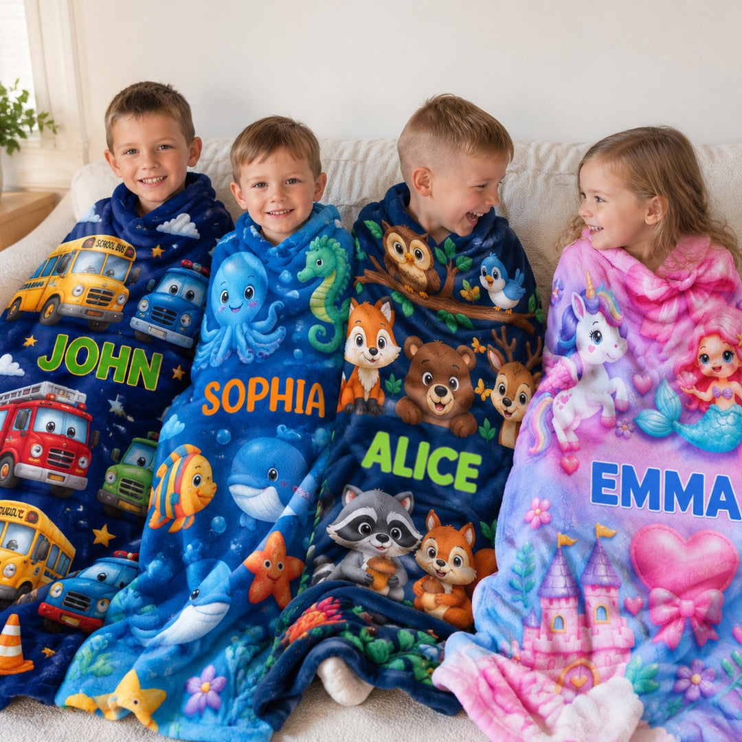 Personalized Whimsical Cartoon &amp; Animal Themes Blanket Custom Name Soft Throw Blanket for Kids