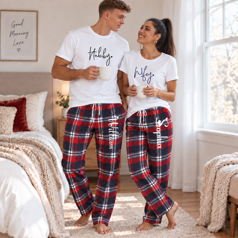 Personalized Wifey Hubby Couples Christmas Pajama Set Custom Matching Holiday Sleepwear with Names Cozy Christmas Gift for Couples