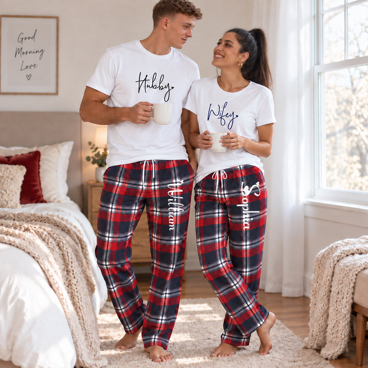 Personalized Wifey Hubby Couples Christmas Pajama Set Custom Matching Holiday Sleepwear with Names Cozy Christmas Gift for Couples